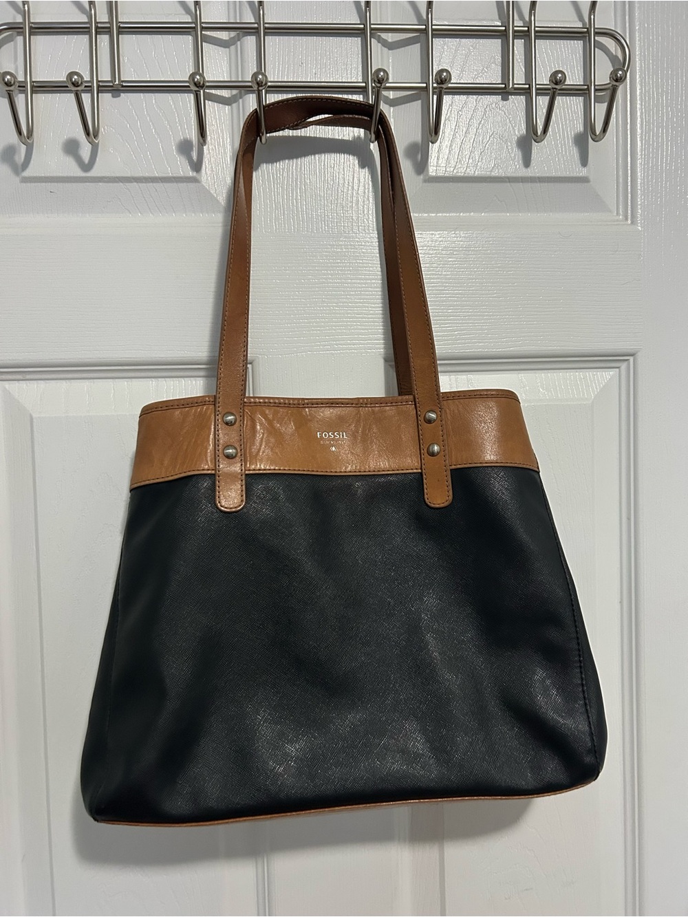 Fossil Black and Brown Leather Tote Bag